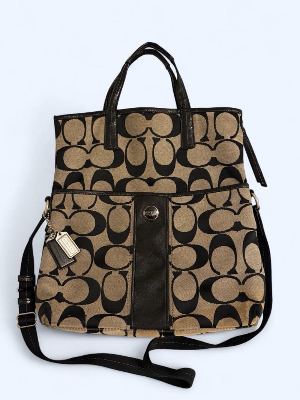 Vintage Coach F23304 Signature Stripe
Foldover Tote Black Silver Y2K Crossbody